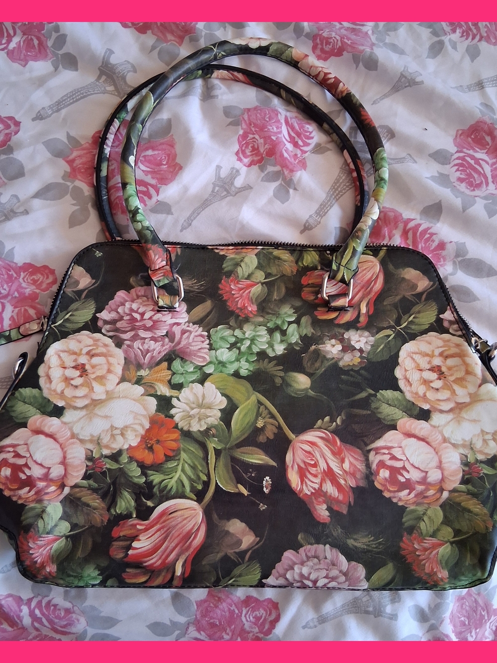 Floral Tote Handbag - Black Multi - Picture 1 of 7